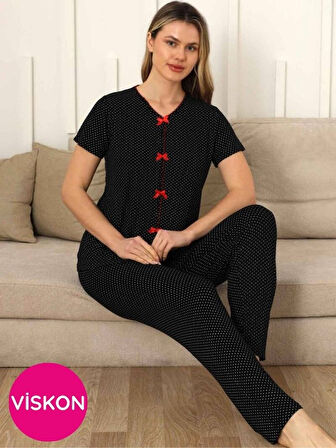 Kadın Süs Düğmeli Fiyonklu V Yaka Puantiyeli Likralı Viskon Kısa Kol Pijama Takımı 