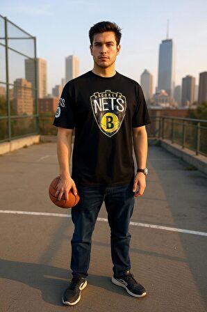 Erkek  Oversize Nets Baskılı Pamuklu T-Shirt