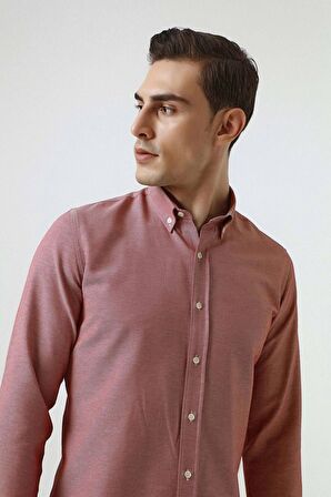 Ds Damat Slim Fit Kırmızı Armürlü Düğmeli Yaka Pamuklu Gömlek 5HC02ORT07265 5HC02ORT07265