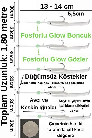 Eagenset Silikon Balıklı Çapari 5.5 Cm (2 Adet) Silikon At Çek Takımı Beyaz Fosforlu Glow Gözler ve Fosforlu Glow Boncuklu
