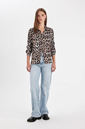 DeFacto Regular Fit Leopar Desenli Poplin Uzun Kollu Gömlek D3148AX24AUBK81