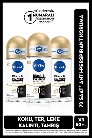 Nivea Kadın Roll-on Deodorant Black&White Invisible İpeksi Pürüzsüzlük 50ml,72Saat Anti-perspirant, X3Adet