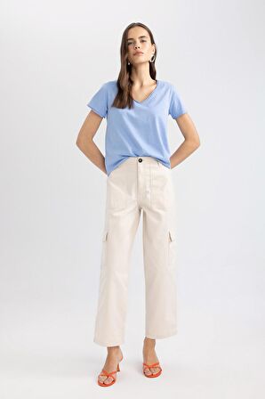 DeFacto Straight Fit Kargo Kargo Cepli Yüksek Bel Geniş Paça Gabardin Kumaş Pantolon A9200AX24SMBG422