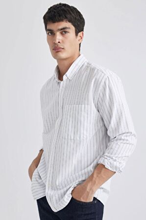DeFacto Relax Fit Polo Yaka Çizgili Oxford Uzun Kollu Gömlek B3679AX24SPIN34