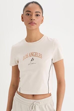 DeFactoFit NBA Los Angeles Lakers Slim Crop Fit Bisiklet Yaka Kısa Kollu Tişört D6122AX25SPER218