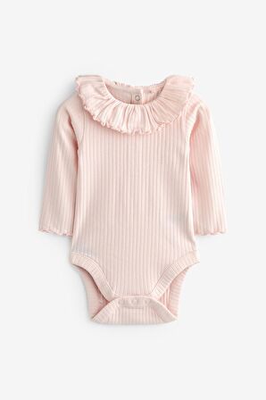 % 100 Pamuklu Pembe Krem Uzun Kollu Fırfır Yakalı Body Zıbın Set