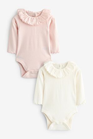 % 100 Pamuklu Pembe Krem Uzun Kollu Fırfır Yakalı Body Zıbın Set