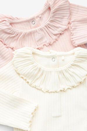 % 100 Pamuklu Pembe Krem Uzun Kollu Fırfır Yakalı Body Zıbın Set