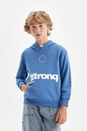 DeFacto Erkek Çocuk Mavi Yazı Baskılı Cepli Kapüşonlu Okul Sweatshirt C7558A824AUBE127