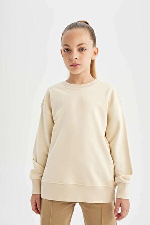 DeFacto Kız Çocuk Relax Fit Bisiklet Yaka Pamuklu Basic Düz Okul Sweatshirt A2797A824AUBG286
