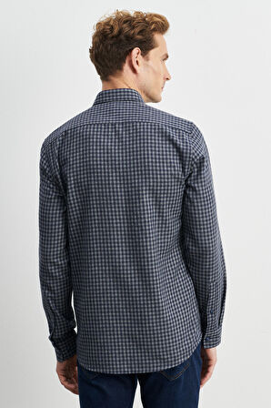 Erkek Lacivert-gri Slim Fit Düğmeli Yaka Pötikareli Flanel Oduncu Gömlek