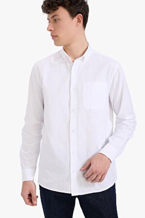 DeFacto %100 Pamuk Regular Fit Polo Yaka Oxford Basic Düz Uzun Kollu Beyaz Gömlek A8028AX25SPWT34