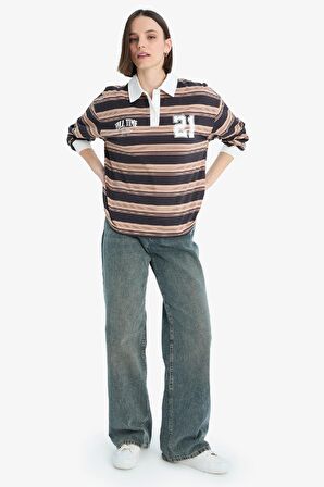 Coool Loose Fit Çizgili Polo Yaka Sweatshirt