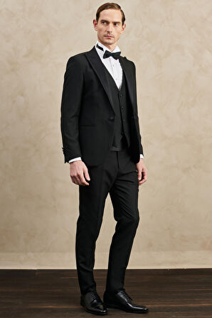 Erkek Siyah Slim Fit Dar Kesim Kırlangıç Yaka Desenli Klasik Smokin Takım