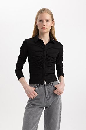 DeFacto Slim Fit Dar Kesim Polo Yaka Basic Düz Fitilli Kaşkorse Uzun Kollu Tişört C1326AX24SPBK81