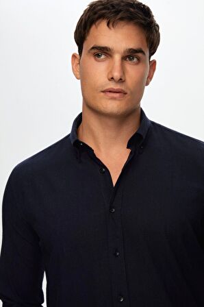 D'S Damat Slim Fit Lacivert Düğmeli Yaka %100 Pamuk Yazlık Flamlı Keten Görünümlü Gömlek 6HC02ORT63265
