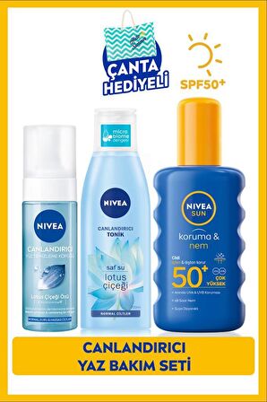 NIVEA SUN Güneş Koruyucu Vücut Spreyi 200ml SPF50, Yüz Temizleme Köpüğü 150ml, Tonik 200ml, Çanta Hediye