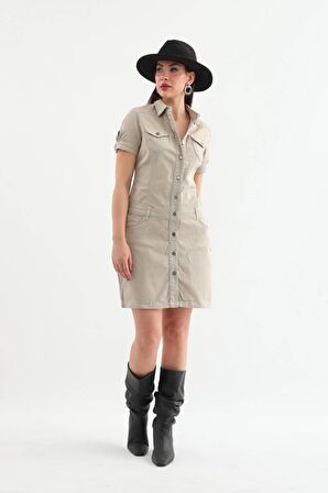 Kadın Bej Düğmeli Jean Elbise