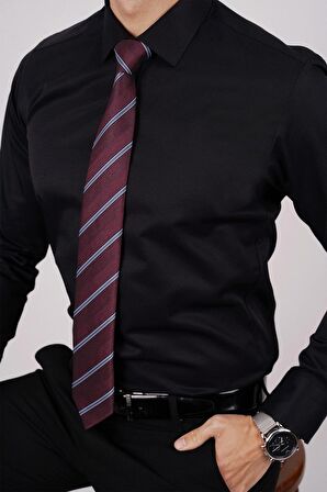 Gömlek Kravat Seti (Bordo Çizgili Kravat & Siyah Saten Slimfit Gömlek)