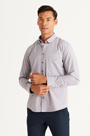 Erkek Lacivert-Hardal Slim Fit Dar Kesim Düğmeli Yaka Logolu Cepli Pamuklu Çizgili Gömlek