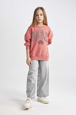 DeFacto Kız Çocuk Oversize Fit Bisiklet Yaka Baskılı Sweatshirt C0571A824SPBR107