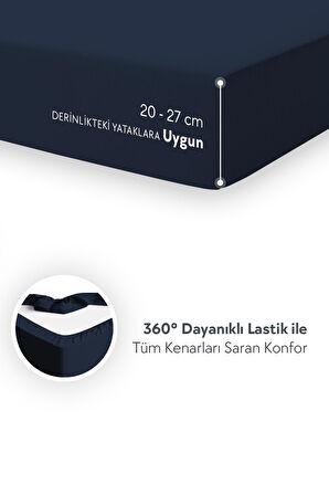 Calmera Home Çift Kişilik %100 Pamuk Penye Lastikli Çarşaf - Battal King Size - 180 x 200 cm Lacivert
