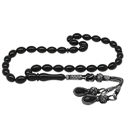 1000 Ayar Gümüş Kazaz Püsküllü Arpa Kesim Siyah Sıkma Kehribar Tesbih