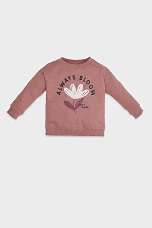 Kız Bebek Regular Fit Bisiklet Yaka Çiçekli Sweatshirt Kumaşı Sweatshirt