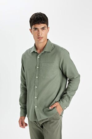 DeFacto Regular Fit Waffle Basic Düz Pamuklu Uzun Kollu Gömlek D1058AX24AUKH493