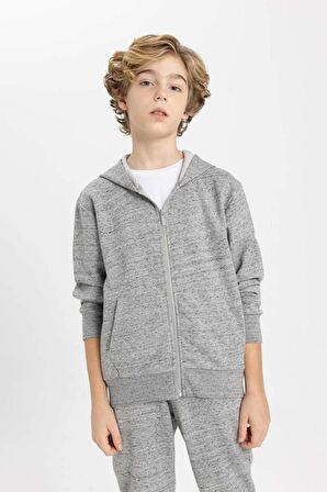 DeFacto Erkek Çocuk Kapüşonlu Fermuarlı Basic Düz Sweatshirt B6449A824SPGR455