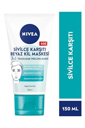 Nivea 3in1 Sivilce Karşıtı Beyaz Kil Maskesi 150ml, Temizleyici, Peeling, Maske, Gözenek Arındırıcı