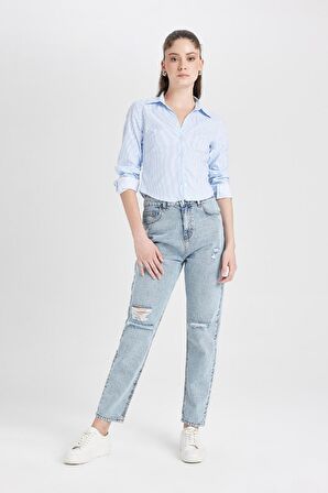 DeFacto Fitted Çizgili Bengalin Dokuma Uzun Kollu Gömlek D4013AX24AUBE745