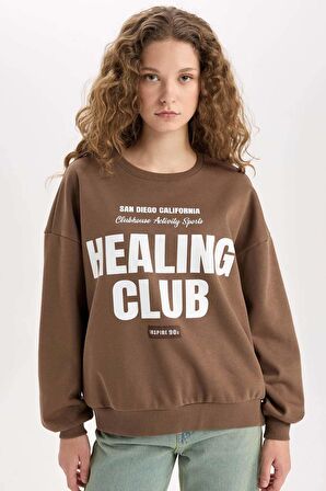 DeFacto Loose Fit Bisiklet Yaka Baskılı Kalın Sweatshirt D8528AX24WNBN322