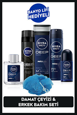 Nivea Men Deep Dimension Erkek Bakım Seti Duş Jeli, Tıraş Köpüğü ve Losyonu, Sprey ve Roll-On Deodorant, Yüz & Sakal Temizleme Jeli