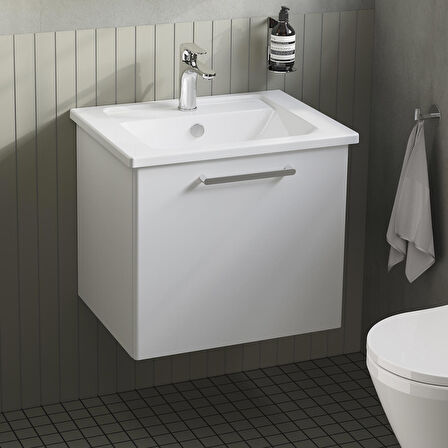 VitrA Root 66414  Lavabo Dolabı, Tek Çekmeceli, 60 cm, Parlak Beyaz, Köşeli Lavabolu