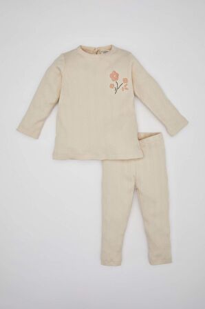 DeFacto Kız Bebek Nakışlı Uzun Kollu Fitilli Kaşkorse Pijama Takımı C0662A524SPER120