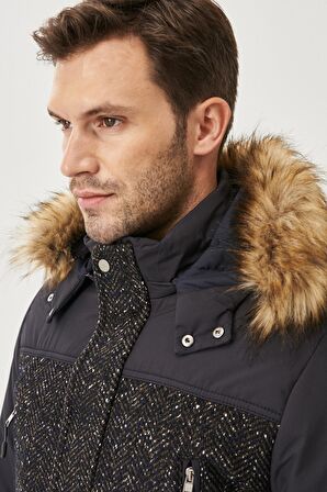 Erkek Lacivert Standart Fit Çıkarılabilir Kürklü Kapüşonlu Desenli Soğuk Geçirmez Yünlü Kaşe Kaban