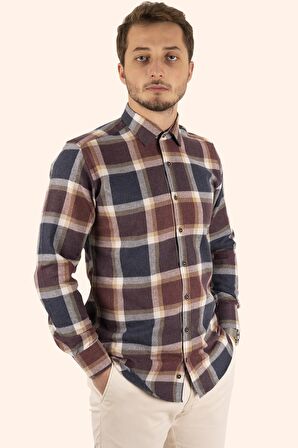 Lacivert Bordo Kareli Kışlık Oduncu Gömlek