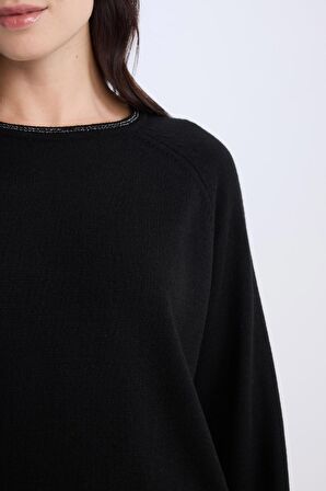 DeFacto Regular Fit Bisiklet Yaka Simli Reglan Kol Siyah Triko Kazak Tunik D1580AX24WNBK81