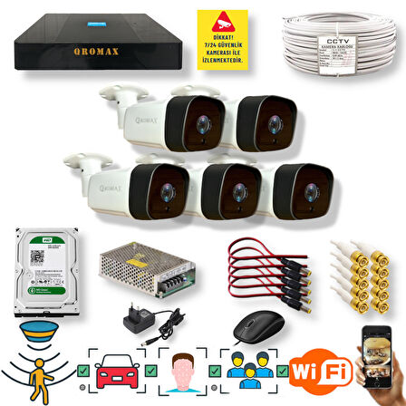 5 Kameralı Set - Araç İnsan Yüz Hareket Algılayan 36 IR Led 5MP Sony Lensli 1080P Metal Kasa Güvenlik Kamerası Seti 5236