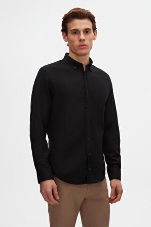 Ds Damat Slim Fit Siyah Oxford Düğmeli Yaka Kolay Ütülenebilir Nakış Detaylı Pamuklu Gömlek 4HC02ORT03265 4HC02ORT03265