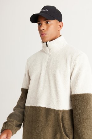 Erkek Bej-haki Standart Fit Bato Yaka Kanguru Cepli Çift Renkli Sherpa Polar Sweatshirt