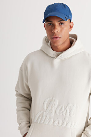 Erkek Bej Oversize Fit Bol Kesim Kapüşonlu Içi Polarlı 3 Iplik Baskılı Sweatshirt