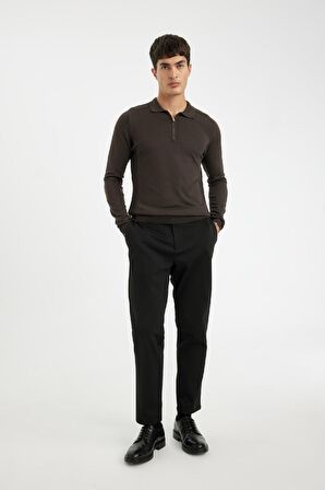 DeFacto Kahverengi Standart Fit Normal Kesim Fermuarlı Polo Yaka Triko Kazak D0621AX24AUBN497