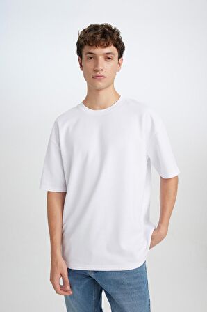 DeFacto Oversize Geniş Kalıp Bisiklet Yaka Kısa Kollu Basic Düz Ağır Kumaş Tişört X3926AZ25SPWT34
