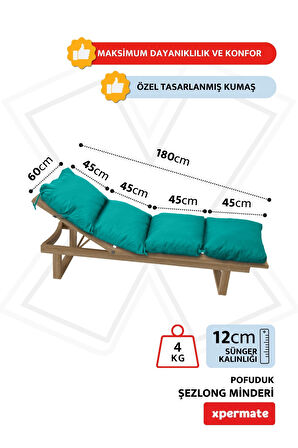 XPERMATE Pofuduk Şezlong Minderi 60x180x12Cm Su İtici,Katlanır,UV Güneş Dayanımı, Fermuar, Turkuaz