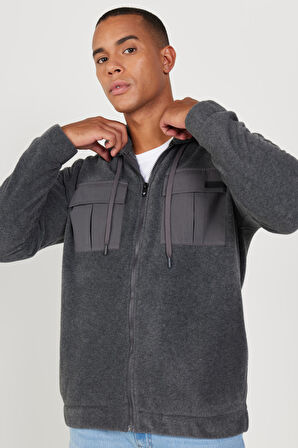 Erkek Antrasit-melanj Standart Fit Normal Kesim Kapüşonlu Polar Sweatshirt Ceket