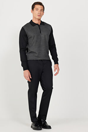 Erkek Siyah Slim Fit Dar Kesim Gabardin Kumaş Desenli Pamuklu Esnek Beli Lastikli Pantolon
