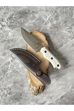 Geyik Desenli El Yapımı Beyaz Kabzeli Kılıflı Kamp ve Av Bıçağı – 20,5 cm