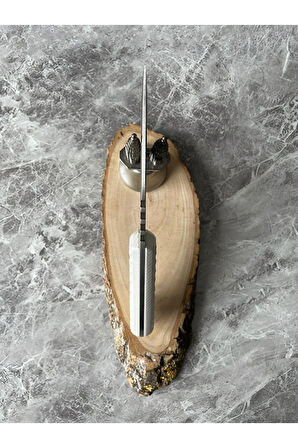 Geyik Desenli El Yapımı Beyaz Kabzeli Kılıflı Kamp ve Av Bıçağı – 20,5 cm